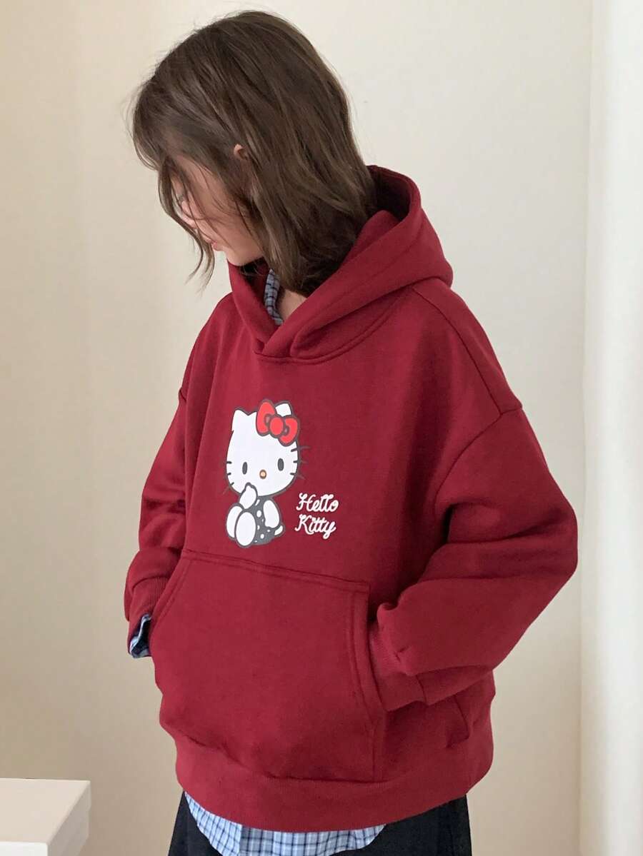 HELLO KITTY | DAZY سويت شيرت بقلنسوة فضفاض مبطن حراري بنمط قطة KT للبنات المراهقات للخريف - عنابي اللون - مشاهدة 1