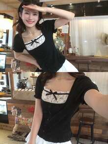 DAZY Women's Colorblock Casual Bow Short Sleeve T-Shirt - Black - View 8