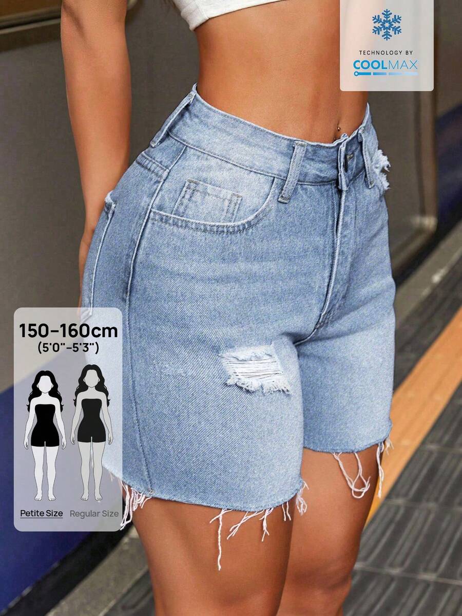 SHEIN PETITE 女款休閒做舊牛仔短褲,夏季,小個子女性 - 藍色 - 查看 1