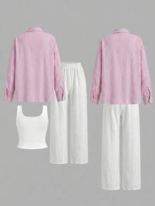 SHEIN LUNE 女款休閒粉色與白色條紋白襯衫及長褲三件套，秋季服裝，套裝，適合工作、早午餐、度假、旅行穿著 - 粉色 - 查看 2