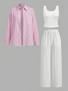 SHEIN LUNE 女款休閒粉色與白色條紋白襯衫及長褲三件套，秋季服裝，套裝，適合工作、早午餐、度假、旅行穿著 - 粉色 - 查看 6