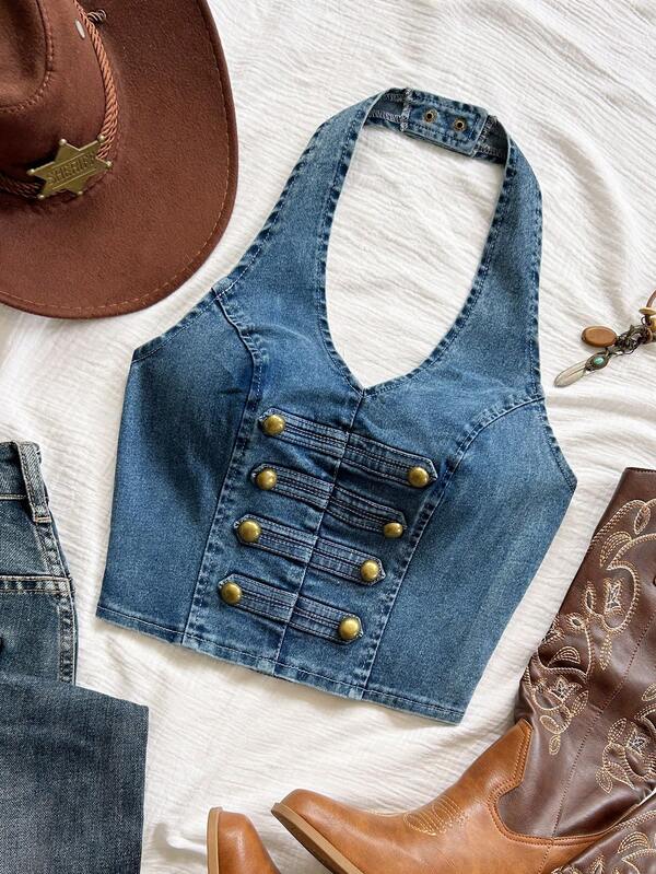 Soleia Women's Autumn/Winter Casual Vacation Napoleon Style Denim Halter Top, Casual, Date, Afternoon Tea, Beach, Cruise Vacation, Road Trip, City Vacation, Party, Music Festival, Hippie, Western, Daily Commute