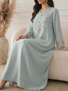 Al Najma 女款貼花裝飾V領鈕扣設計優雅阿拉伯風洋裝 - 綠色 - 查看 7