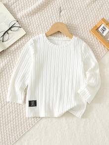 SHEIN Off-White 男童拼接針織長袖圓領T恤 - 白色 - 查看 6
