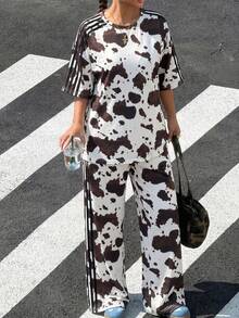 SHEIN EZwear 大尺碼女款牛紋短袖上衣與長褲休閒日常兩件套 - 彩色 - 查看 5