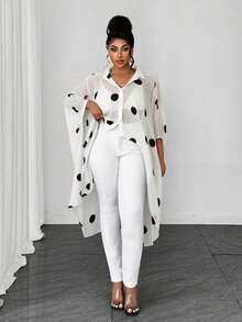 Maweii Summer Plus Size Women's Blouse, Black And White Polka Dot Chiffon Fabric, Asymmetrical Hem, Button-Front, Elegant, Semi-Sheer, Suitable For Outings And Commuting - White - View 5