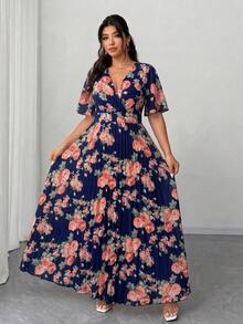 Elenzga Plus Size Women's Summer Navy Blue Floral Dress, Short Sleeve Ruffle Sleeve Deep V-Neck Cinched Waist Pleated Maxi Dress, Elegant Party Wedding Guest - Navy Blue - View 3