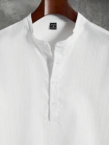 Manfinity Homme Men's Textured Button Half-Placket Loose Shirt And Drawstring Waist Pocket Pants Set - Black and White - View 3