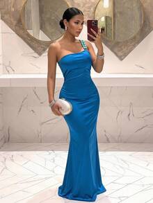 Slaydiva Women's Royal Blue Satin Maxi Dress, Halter Neck Sleeveless Bodycon Floor Length, Beach Cocktail Dinner Wedding Guest Party Sexy Elegant Summer - Blue - View 13