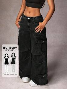 SHEIN PETITE Women's Casual Distressed Wide Leg Denim Jeans ,Petite Women - Black - View 1