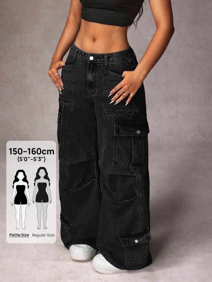 SHEIN PETITE Women's Casual Distressed Wide Leg Denim Jeans ,Petite Women - Black - View 1