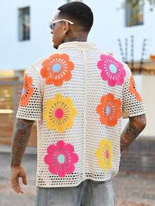 Devon Thys Men's Sexy Floral Crochet Semi-Sheer Short Sleeve Knit Top, Summer Holiday Style - Multicolor - View 2