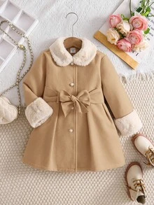 Emery Rose Kids Emery Rose Kids 少女秋冬百搭時尚拼接毛絨領中長版大衣，保暖內裡羊毛外套，秋冬外套 - 駝色 - 查看 2