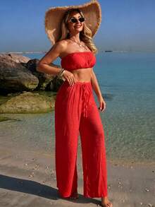 SHEIN Swim 兩件式純色女士泳衣套裝，無肩帶上衣搭配長褲，優雅熱帶歐式度假風，適合海灘度假，紅色夏季款 - 紅色 - 查看 8