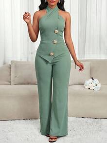SHEIN Lady 女士绿色不对称下摆露背上衣和长裤优雅两件套 - 綠色 - 查看 7