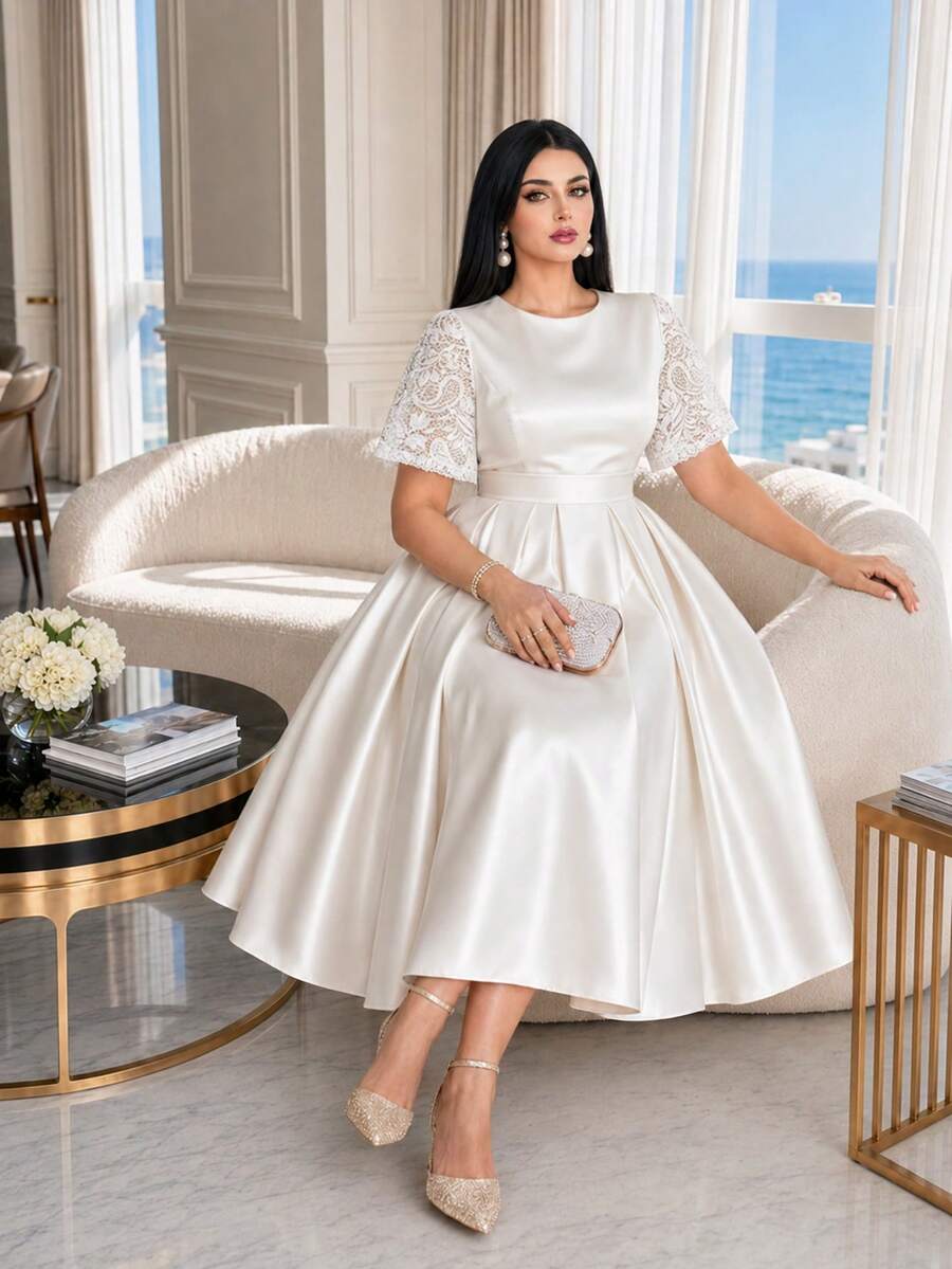 SHEIN Lady Vestido elegante de fiesta de talla grande con parches de encaje de unicolor - Blanco - Ver 1