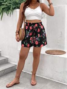 Breezaya Women's Elegant Casual Floral Ruffle Waist Shorts - Black - View 3