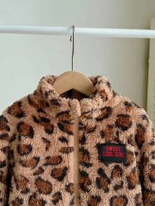 SHEIN LMoss Kids LMoss 女嬰可愛休閒毛絨立領夾克豹紋棕色冬季保暖舒適蓬鬆百搭街頭風秋季外套拉鍊式 - 彩色 - 查看 7