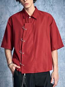 ROMWE MEN Street Life Men's Corn Metal Button Chinese Style Structure Shirt - Red - View 7