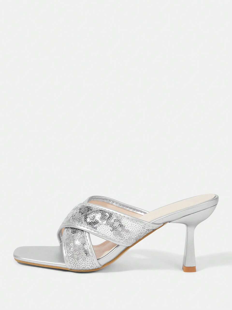 CUCCOO HITCHD Women's Shoes Spring And Summer New Square Toe Silver Sequins Cross With Open Toes Dating Style Temperament Wear High Heels Sandals