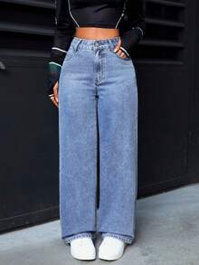 SHEIN PETITE Damen Jeans mit hoher Taille, Taschen, weitem Bein, lockerem Schnitt, lässig und vielseitig, für kleine Frauen - Helle Waschung - Übersicht 2