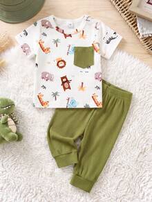 SHEIN Playful Pals 2件組 白色與軍綠色動物印花短袖圓領T恤附口袋 + 鬆緊腰長褲，休閒可愛極簡百搭套裝，適合夏季日常外出或室內穿著 - 綠色 - 查看 7