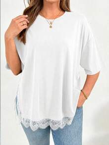 SHEIN Essnce White Lace Patchwork Split Hem Short Sleeve Plus Size Women's T-Shirt - White - View 6