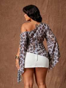 Rustia Plus Size Women's Leopard Print Asymmetric Neck Ruched Casual Versatile Daily Outing Top Fall - Blue - View 2