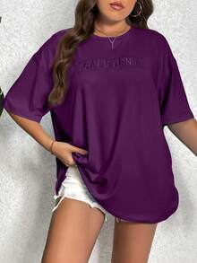 Shapeblank Kaos Plus Size Motif Huruf Bordir Bahu Jatuh Ukuran Besar untuk Anak Perempuan Warna Ungu - Violet Purple - View 7