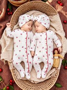 SHEIN Vintaside Kids 新生女嬰白色條紋甜美可愛鬆款前開拉鍊荷葉邊連身褲附腳套兩件套拍照裝 - 杏色 - 查看 3