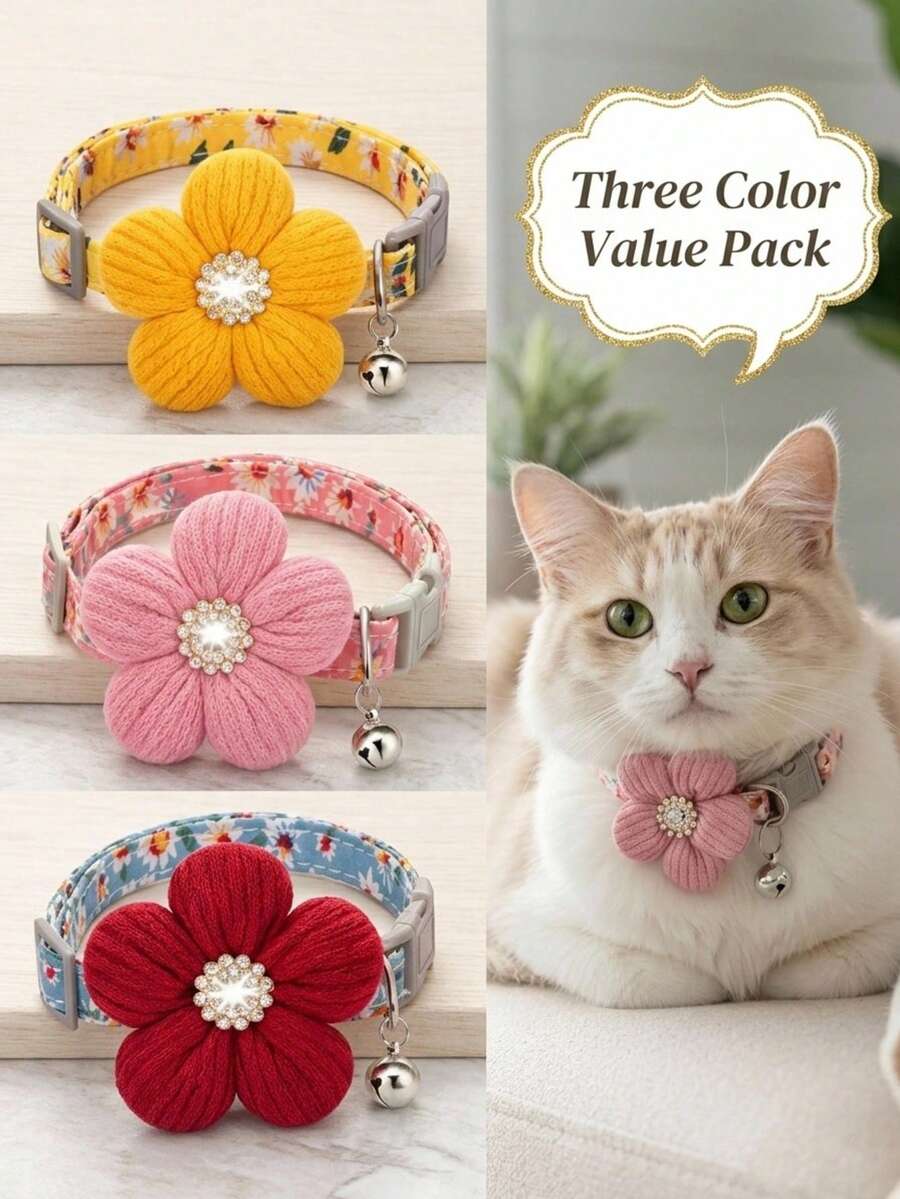 PETSIN 1 Stück Frühlings-Blumen-Haustierhalsband - Weicher Baumwollstoff mit Gänseblümchen-Muster, 3D-gestrickte Blume mit Strass-Akzent, verstellbare Schnellverschluss-Schnalle mit Glocke, frische Cottagecore-Ästhetik, perfekt für Picknicks und Spaziergänge Outdoor, passend für kleine Hunde und Katzen - Verschiedenfarbig - Übersicht 1