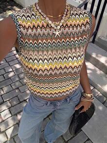 Siren Gaze Rompi Rajut Bergaris Beige Gaya Boho Elegan Era 2000-an untuk Musim Panas, Perjalanan, Liburan, Musim Gugur, Streetwear, Ulang Tahun, Pernikahan, Festival, Pesta Liburan - MultiWarna - View 4