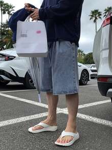 DAZY 夏季純色藍色男士牛仔短褲 - 藍色 - 查看 3