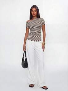 Avantive Women's Asymmetrical Shoulder Striped Casual Versatile Daily Wear Top - Coffee Brown - View 4