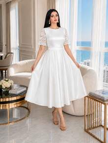 SHEIN Lady Vestido elegante de fiesta de talla grande con parches de encaje de unicolor - Blanco - Ver 5