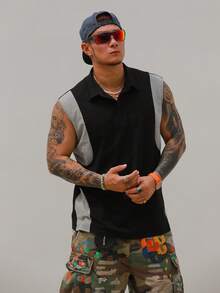 DAZY 男士無袖 Polo 領黑灰拼接撞色 T 恤 夏季款 - 彩色 - 查看 4