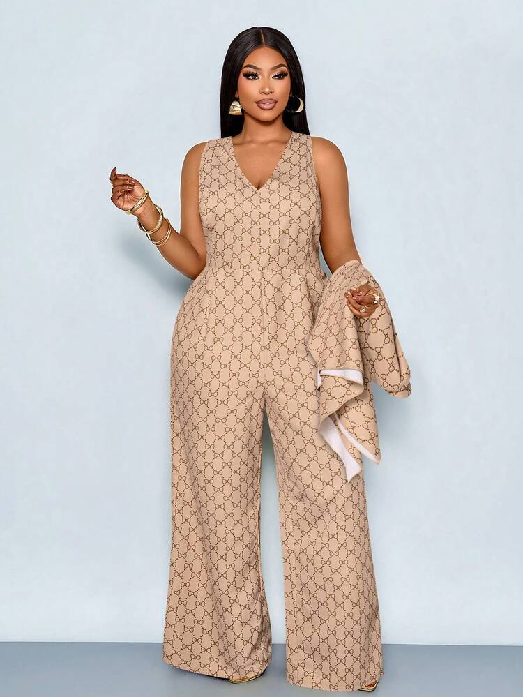 SOLERSUN Plus Size Women's All-Over Print Cold-Shoulder Top And Wide Leg Pants Casual Elegant Daily Two Pieces Set Autumn Brunch Formal Beige - Khaki - View 5
