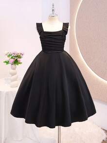 Tween Girls Elegant Back To School Wedding Cocktail Party Season Premium Satin Strap Ruffle Ribbon Ruched Dress Summer Black Autumn Winter - Black - View 4