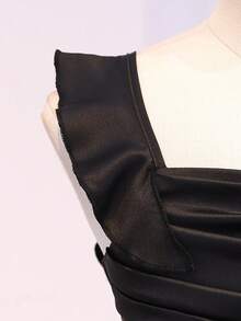 Tween Girls Elegant Back To School Wedding Cocktail Party Season Premium Satin Strap Ruffle Ribbon Ruched Dress Summer Black Autumn Winter - Black - View 6