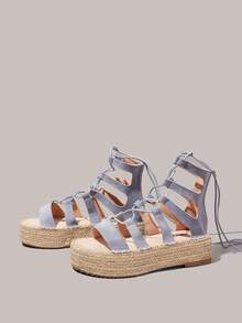 Styleloop Ladies Bohemian Vacation Flannel Lace-Up Hemp Rope Platform Sandals - Gray blue - View 2