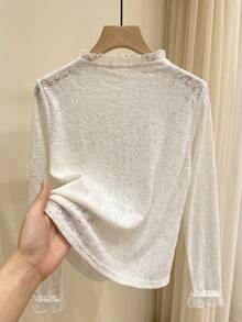 Rusticease Blusa de moda para mujer con cuello de volantes y manga larga - Albaricoque - Ver 2