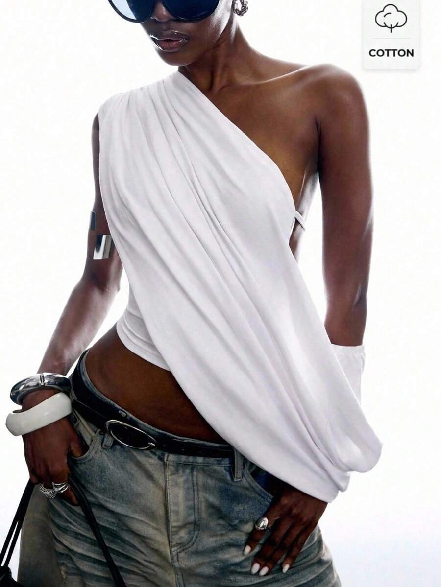 LYSMO Women's Solid Color Asymmetrical Shoulder Pleated Fashion Sexy Top Night Out White Summer - White - View 1