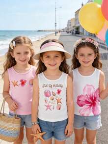 3pcs/Set Young Girl' Fashion Hibiscus & Shell Print Camisole,Halter Top,Beachweekend,Get Nautical,Island Style, - Multicolor - View 4