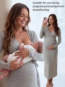 Slowluna Maternity Solid Color Overlap V-Neck Long Sleeve Waist Tie Nursing Dress Fall - Grey - View 1