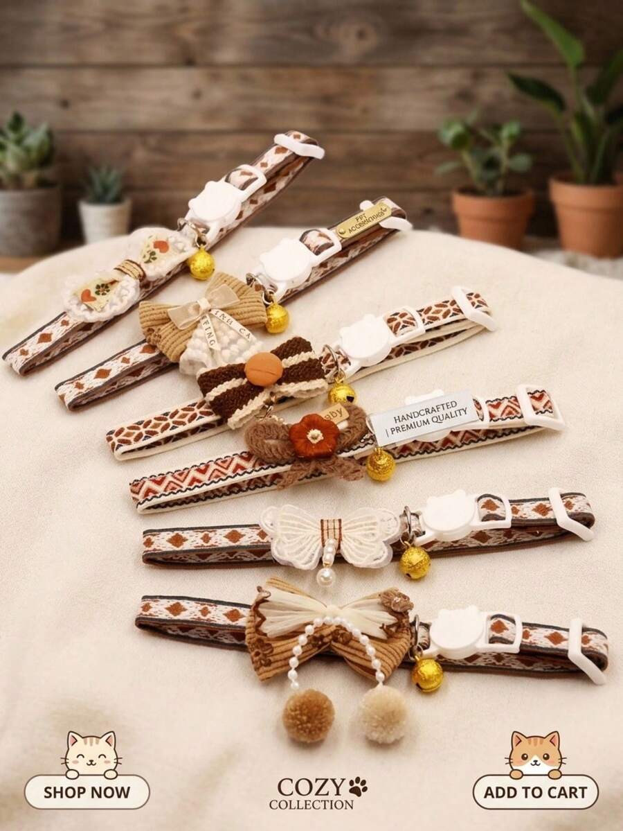 PETSIN 1件咖啡貓領圈附蝴蝶結,柔軟布料製成,配蕾絲與鈴鐺吊飾,安全快拆扣防窒息保護,尺寸可調,適合日常配戴與拍照拍攝 - 彩色 - 查看 1