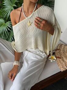Sunnyshic Women's Summer Casual Tropical Fashion Versatile Textured Knit Cover Up Top Beach Vacation Cream - Light Yellow - View 7