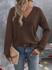 EMERY ROSE Women's Solid Color V-Neck Casual Versatile Daily Long Sleeve T-Shirt - Coffee Brown - View 3