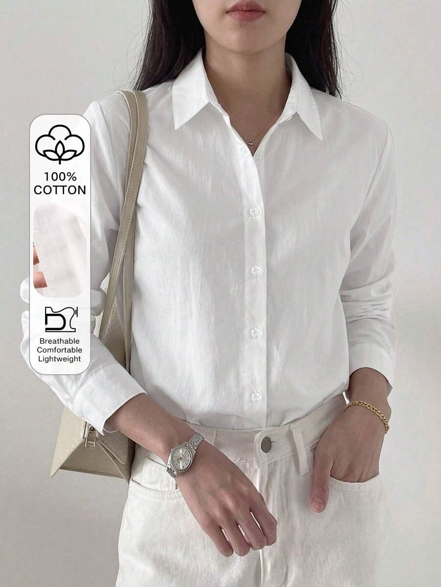DAZY 女款素色單排扣商務休閒長袖襯衫 - 白色 - 查看 1