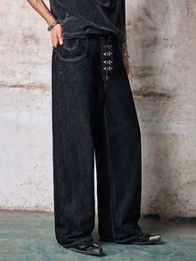 Skyrend 1件 Infinite Jeans 个性化设计飞机扣牛仔裤，男士休闲宽松直筒牛仔裤，日系街头风，宽松版型，做旧水洗（不含腰带和配饰） - 黑色 - 查看 4