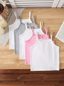 SHEIN Genkimix Kids 5件裝白色牛奶絲面料簡約蝴蝶結細肩帶背心，女童休閒舒適針織內搭上衣，可當外穿上衣 - 彩色 - 查看 1